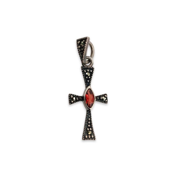 Vintage Garnet Silver Cross Pendant / Solid Sterl… - image 1