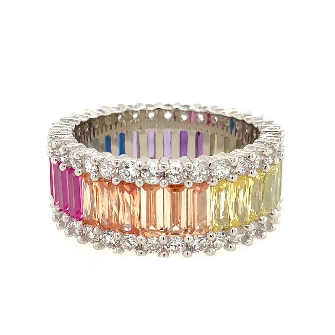 NEW Modern Rainbow CZ Silver Ring / Solid Sterling 925 / Multi Colored ...