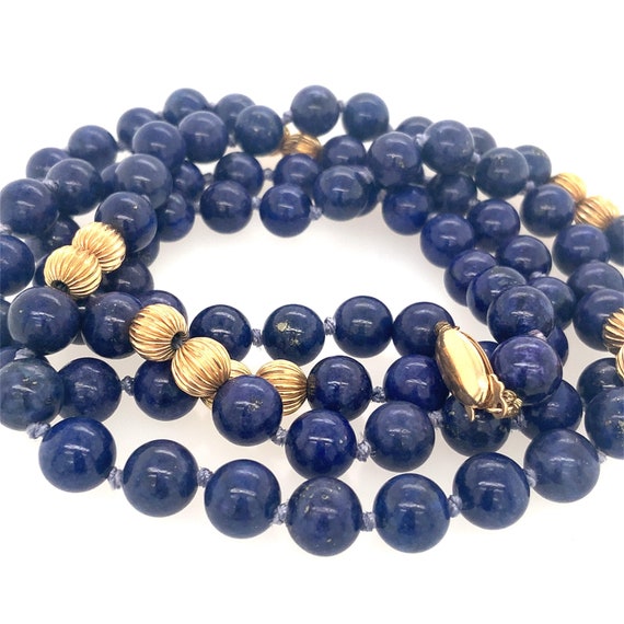 Lapis Stone & Gold Bead Necklace / Solid 14K Yell… - image 4