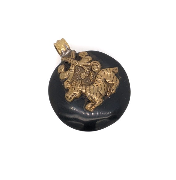 Vintage Zodiac Pendant / Brass and Black Stone / … - image 1