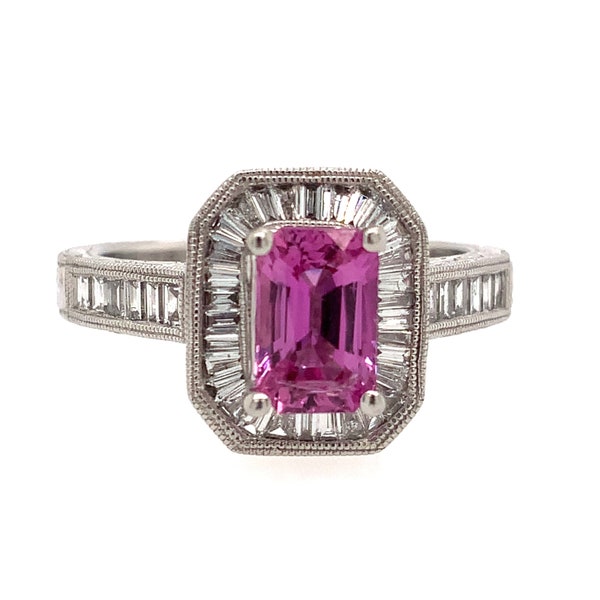 Platinum Sapphire & Diamond Ring / Solid 900 Platinum / Pink Emerald Cut Sapphire / 0.56ctw Diamonds / PT Statement Ring / Size 7.75 US