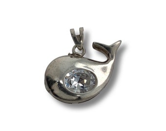 Silver Whale CZ Pendant / Solid Sterling 925 / Vintage Whale Pendant / Cubic Zirconia