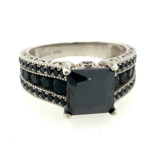 Silver & Black Stone Jeulia Engagement Ring / 925 Sterling Silver / 3.0ct Princess Cut Cubic Zirconium / Designer / Size 8 Band / 5.5 Grams