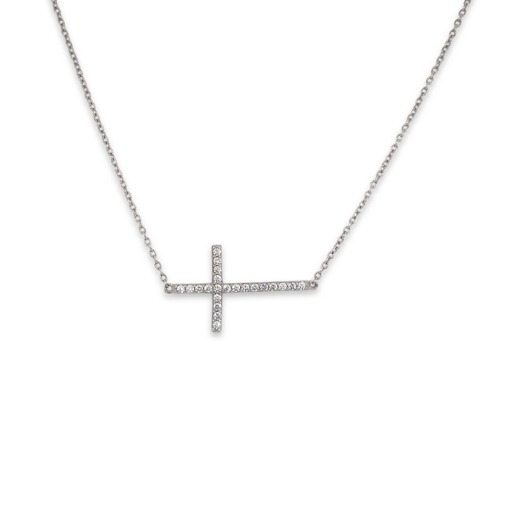 Dainty Silver Sideways CZ Cross Pendant & Necklace / Solid Sterling 925 ...