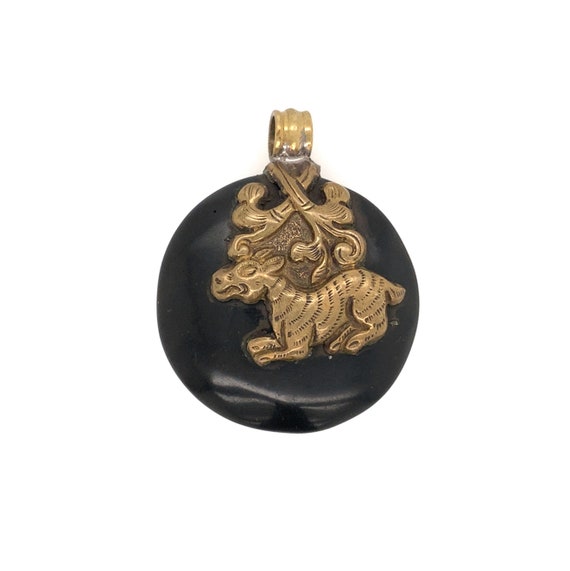 Vintage Zodiac Pendant / Brass and Black Stone / … - image 4