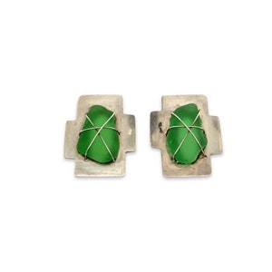 Green Stone Silver Cross Earrings / Solid Sterling 925 / Push Back Green Stone Earrings / Handcrafted / Handmade