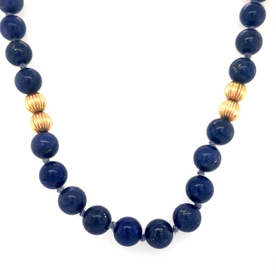 Lapis Stone & Gold Bead Necklace / Solid 14K Yell… - image 1