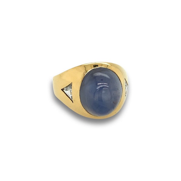 Men’s 15 Carat Star Sapphire Diamond Gold Ring / Solid 14K Yellow Gold / Vintage Cabochon Blue Star Sapphire Ring / Size 9.5 US