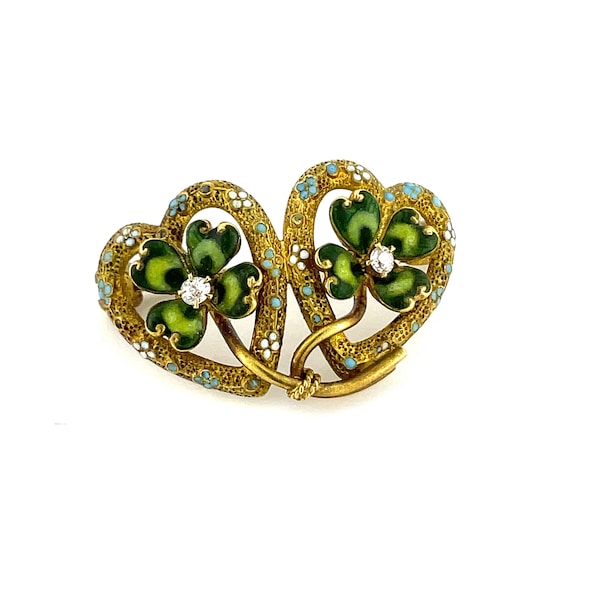 Vintage 14K Gold Diamond Double Heart 4 Leaf Clover Pin Brooch / Genuine Yellow Gold / Enamel Inlay