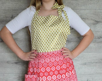 Retro style full apron for women with Gold and Red Christmas ornaments, Christmas gift, Christmas apron