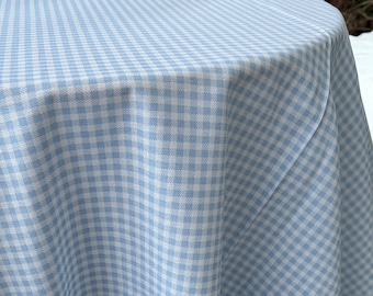 Baby blue plaid tablecloth for indoor and outdoor kitchen decor. Gingham table linen for dining table. Round or rectangular tablecloth