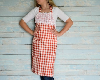 Red gingham full apron for woman with lace trim decor
