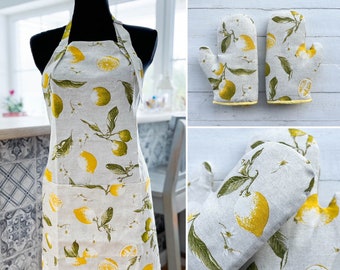 Lemon print summer kitchen apron for woman. Woman apron and oven mitts set. Cooking apron. Gift for mother. Lemon apron with pockets.