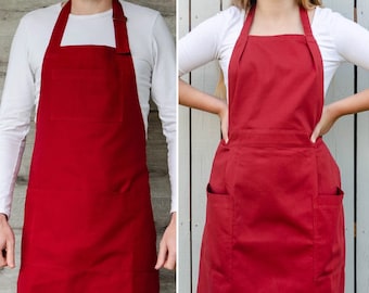Apron set for him and her. Red full apron for woman and men with pockets. Kitchen aprons for couple. Christmas aprons. Gift for couples