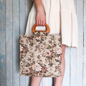 Brown Roses print market bag. Handmade shopping bag. Floral tote bag. Summer bag. Wooden handles bag for shopping. Gift for mom image 1