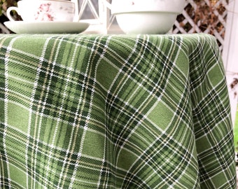 Green tartan plaid tablecloth for indoor and outdoor kitchen decor. Durable table linen for dining table. Round or rectangular tablecloth