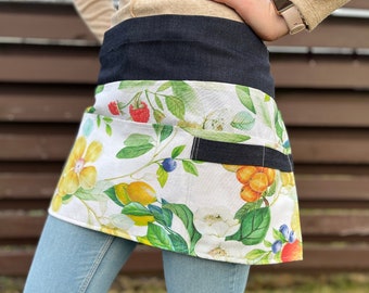 Garden apron with fruits and flowers patterns, apron for gardener with pockets, gardening apron for women, florist apron, gardeners apron