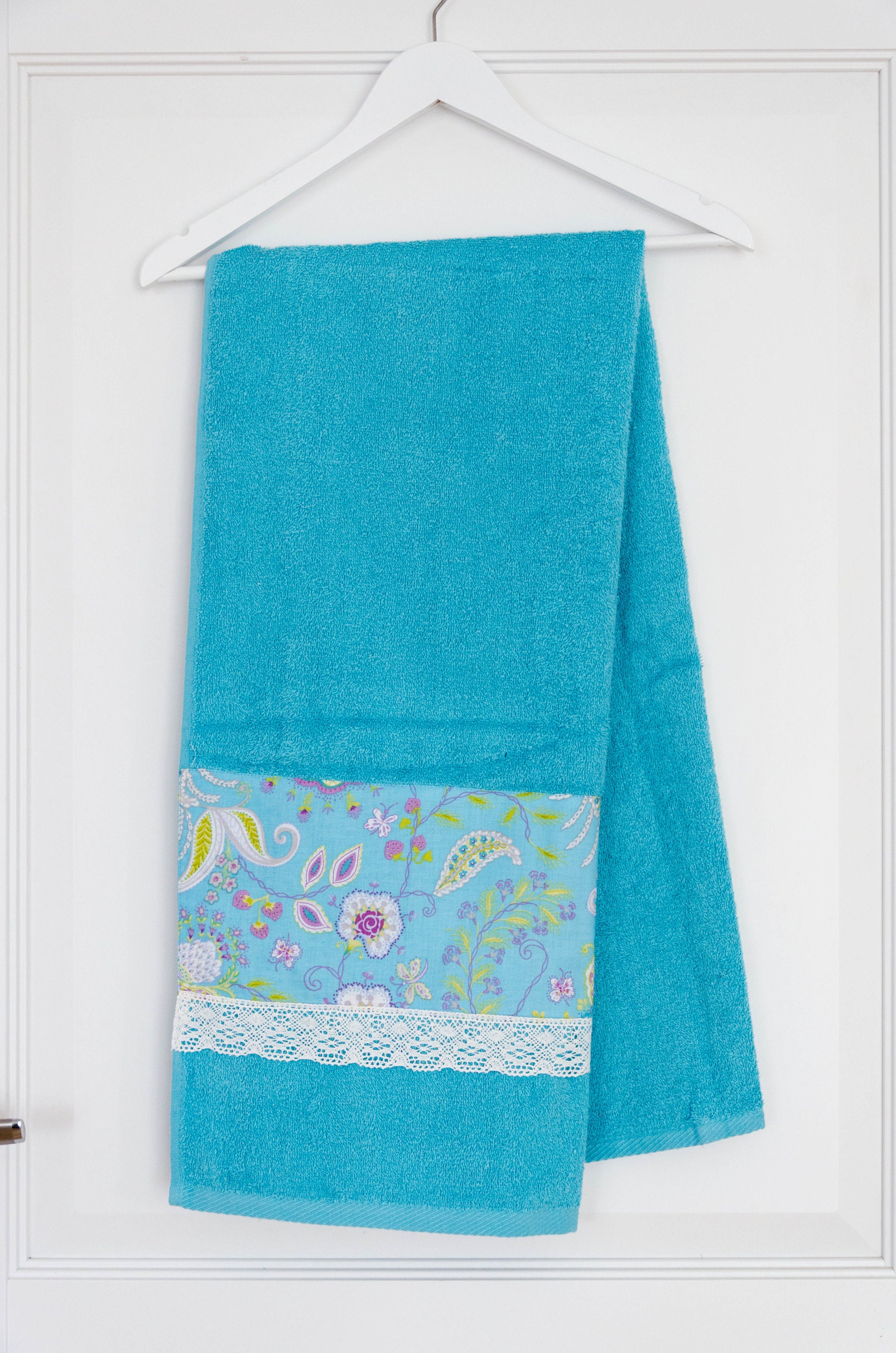 Blue aqua bath towel. Decorative bath towel with floral Etsy