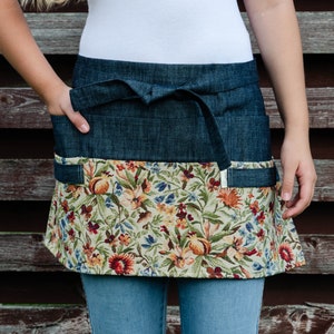 Denim Garden Apron: Floral Half Apron with Pockets