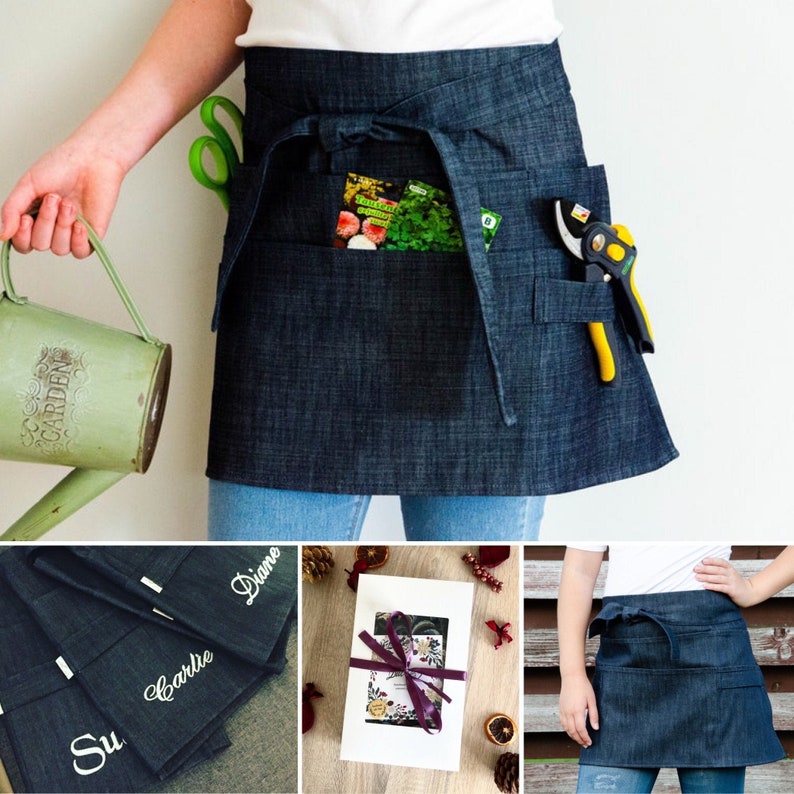 Garden apron Dark denim apron multi pocket half apron for image 0