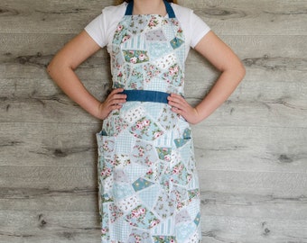 Rose print full apron for women, floral apron, apron with pockets, farmhouse apron