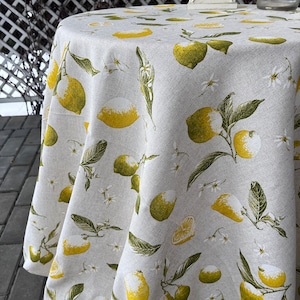 Round lemon tablecloth for kitchen. Durable table linen for dining table. Summer citrus fruits tablecloth. Gift for home, housewarming gift