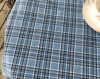 Blue tartan plaid tablecloth for indoor and outdoor farmhouse kitchen decor. Tartan table linen for dining table. Checkered tablecloth