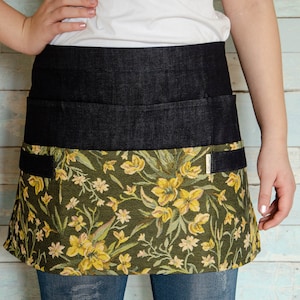 Denim gardening apron, garden apron with pockets, half apron. Floral apron.