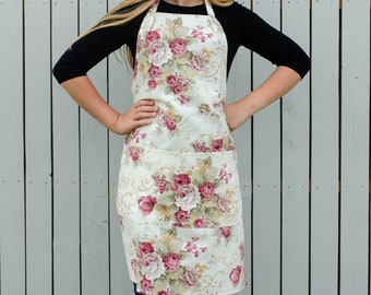 Aprons for women. Roses print floral apron for woman with pockets. Kitchen apron with roses - best gift for mother, gift for her.