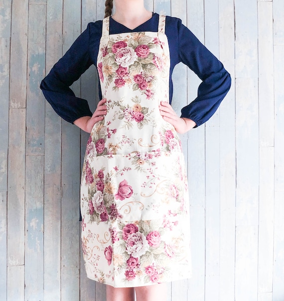Rose Print Cross Back Apron for Woman With Pockets. Floral Kitchen
