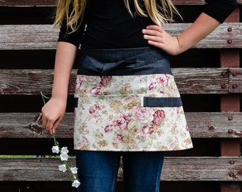 Denim half apron for garden with floral patterns, gardening apron for woman with roses, florist apron, botanist apron, hairdresser apron