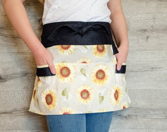 Garden apron, denim gardening apron for women with floral patterns, half apron with pockets, sunflower apron, florist apron