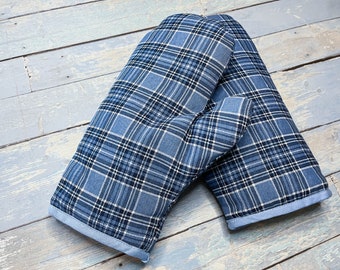 Gant de cuisine bleu à imprimé tartan. Gant de cuisine en tissu écossais. Gant de cuisson doux et durable. Mitaines de four. Gants de cuisine. Cadeau de pendaison de crémaillère