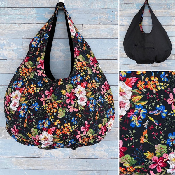 Handmade black floral beach bag. Large fabric boho handbag. Night flowers big tote bag. Shoulder bag. Summer bag. Shopping bag