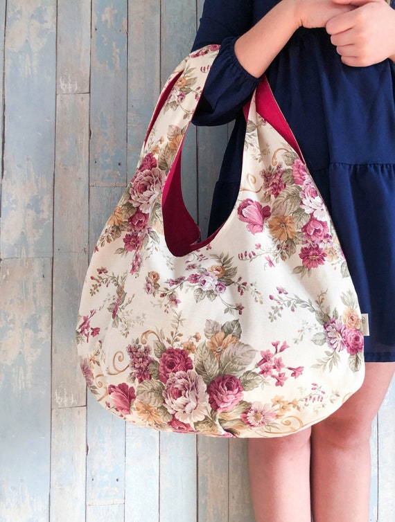 Handmade Roses Print Hobo Beach Bag. Large Fabric Hobo 