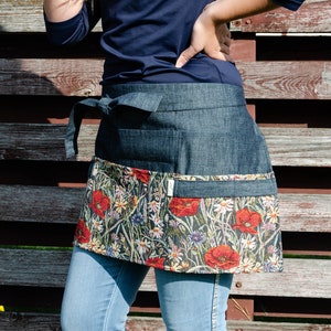 Garden apron, dark denim garden apron for woman with poppy patterns, gardening apron, half apron with pockets, florist apron image 8
