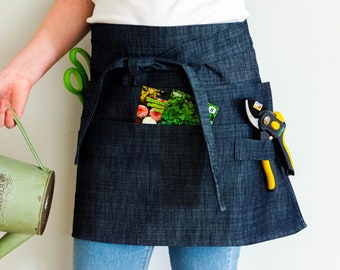 Denim garden apron, Dark denim apron, multi pocket half apron for garden or home, gardening apron, florist apron