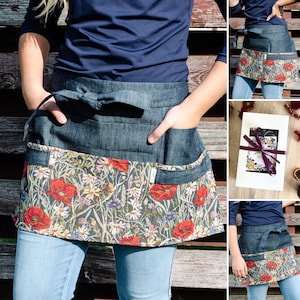 Garden apron, dark denim garden apron for woman with poppy patterns, gardening apron, half apron with pockets, florist apron