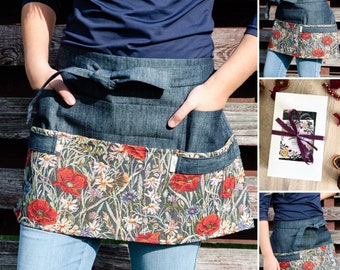 Tablier de jardin, tablier de jardin en denim foncé pour femme à motifs de coquelicots, tablier de jardinage, demi-tablier avec poches, tablier de fleuriste