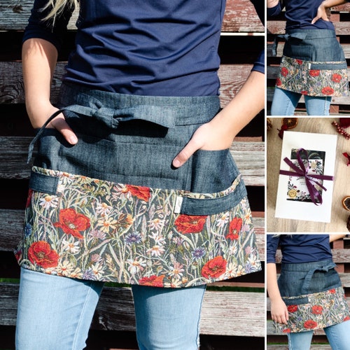 Garden apron, dark denim garden apron for woman with poppy patterns, gardening apron, half apron with pockets, florist apron