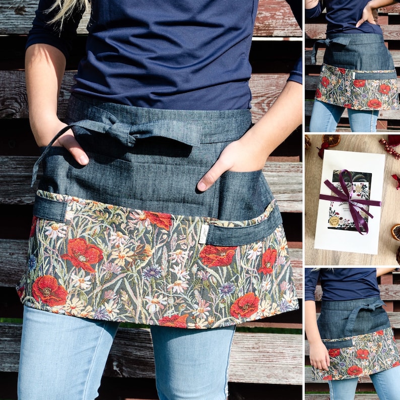 Garden apron dark denim garden apron for woman with poppy image 1