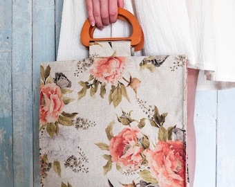 Orange peonies print market bag. Handmade shopping bag. Floral tote bag. Summer bag. Wooden handles bag for shopping. Gift for mom