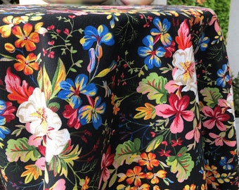 Flowers on black tablecloth for floral kitchen decor. Durable table linen for dining table. Summer flowers tablecloth in multiple sizes.