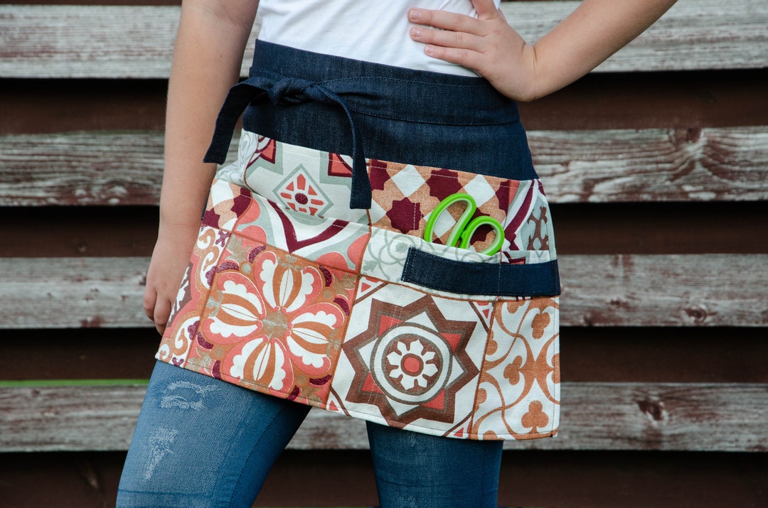 Denim Half Apron for Garden With Tiles Patterns, Gardening Apron for