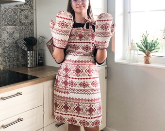 Christmas apron and oven mitts set. Nordic Christmas style apron and kitchen gloves. Gift for mom, gift for wife. Christmas gift