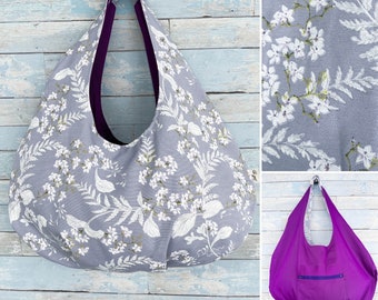 Sac de plage imprimé fleurs lilas fait à la main. Grand sac à main bohème en tissu. Grand sac fourre-tout à fleurs de couleur violette. Sac d'épaule. Sac d'été. Cadeau pour maman