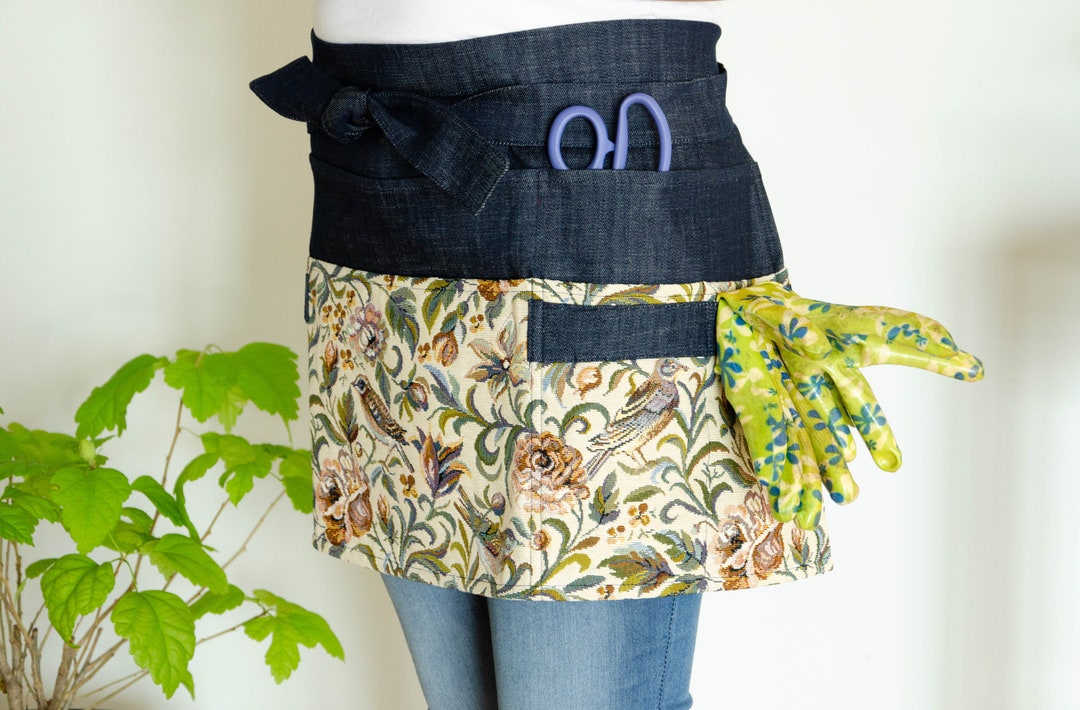 Garden Apron, Denim Pocket Gardening Half Apron With Floral Patterns