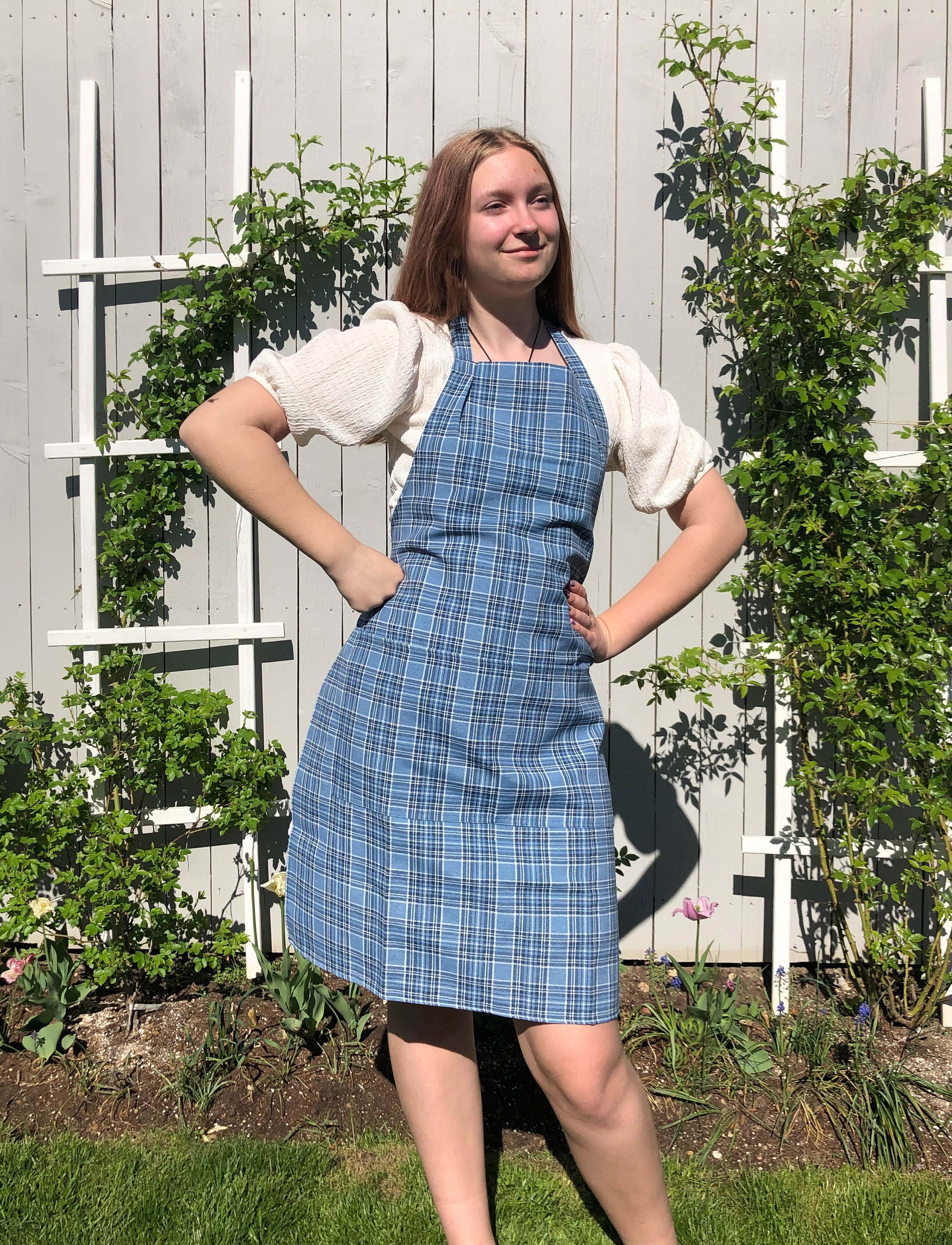 Tartan Plaid Blue Apron for Women With Two Front Pockets. Blue