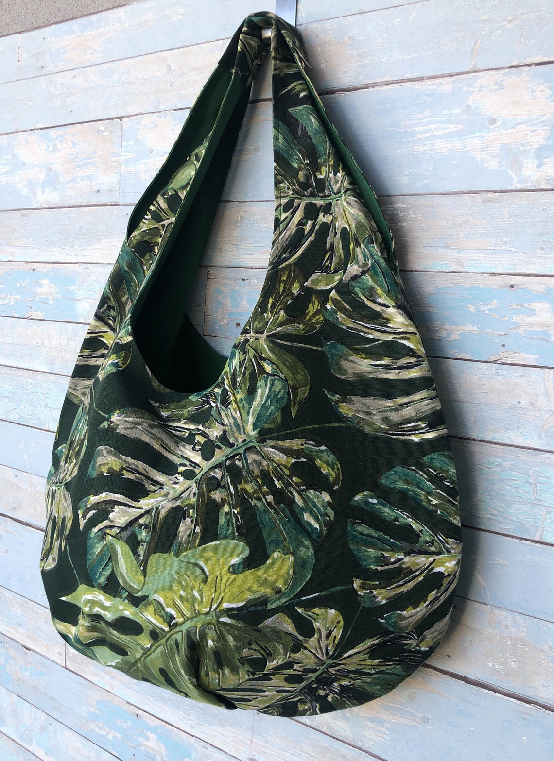 Handmade green leaves print hobo beach bag. Large fabric hobo | Etsy