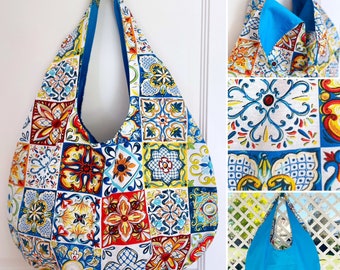 Tasche im mediterranen Stil aus strapazierfähigem Stoff, wendbare große Strandtasche, Einkaufstasche, Umhängetasche oder Einkaufstasche.